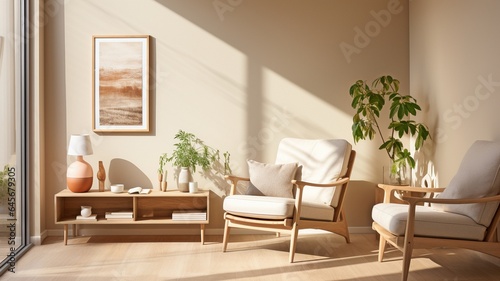 With a chair, a blank wall, a coffee table, and other furnishings, the space is beige and contemporary.. © tongpatong