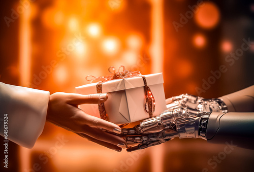 Humain offrant un cadeau à un robot, gros plan sur les mains