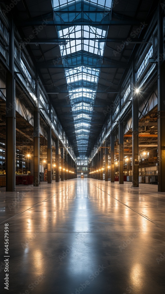 a big warehouse with a door that is illuminated by bright light