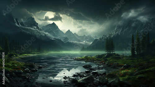 Beatiful Small River Under Dark Cloudy Sky with Snow Mountians and Full Moon