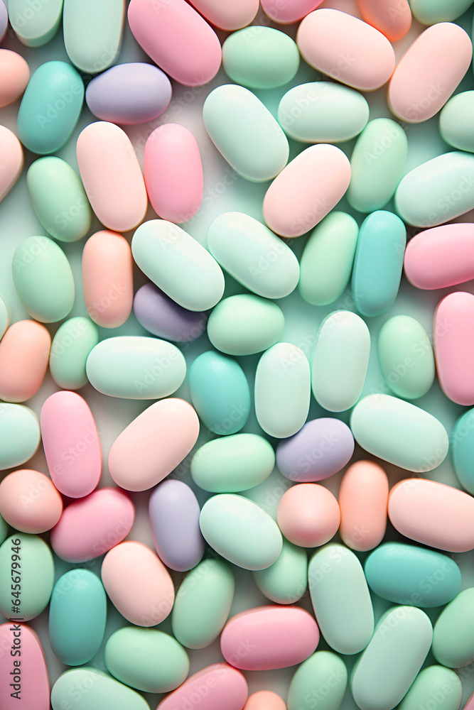 Colorful pills or candies, pastel colored, creative background.