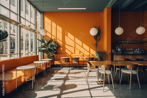 Modern empty coffee shop with trendy 70s interior design