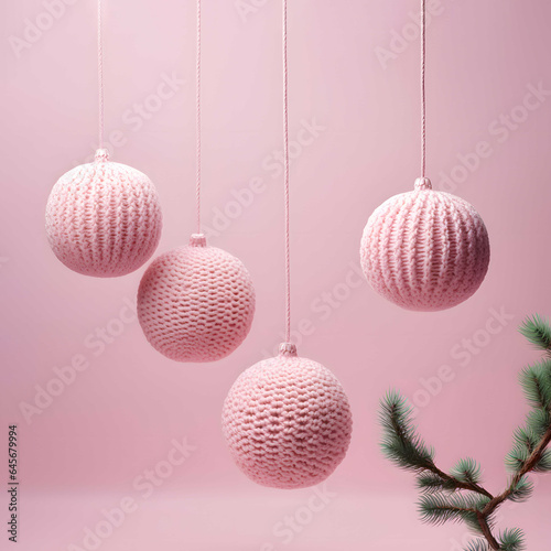 Soft delicate balls of knitted wool, elegant minimalist Christmas decoration with fir branch, creative aesthetic holiday arrangement, greeting card, winter inspired textures.