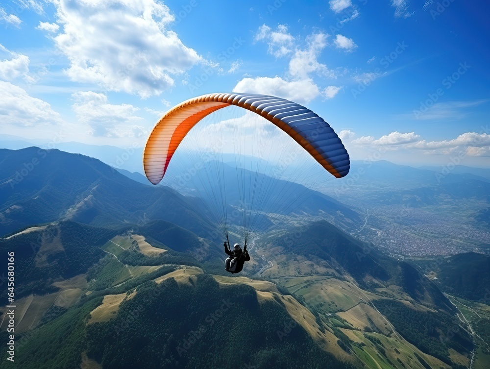 Paraglider Soaring Over Mountain Valley Paraglider Soaring Over Mountain Valley