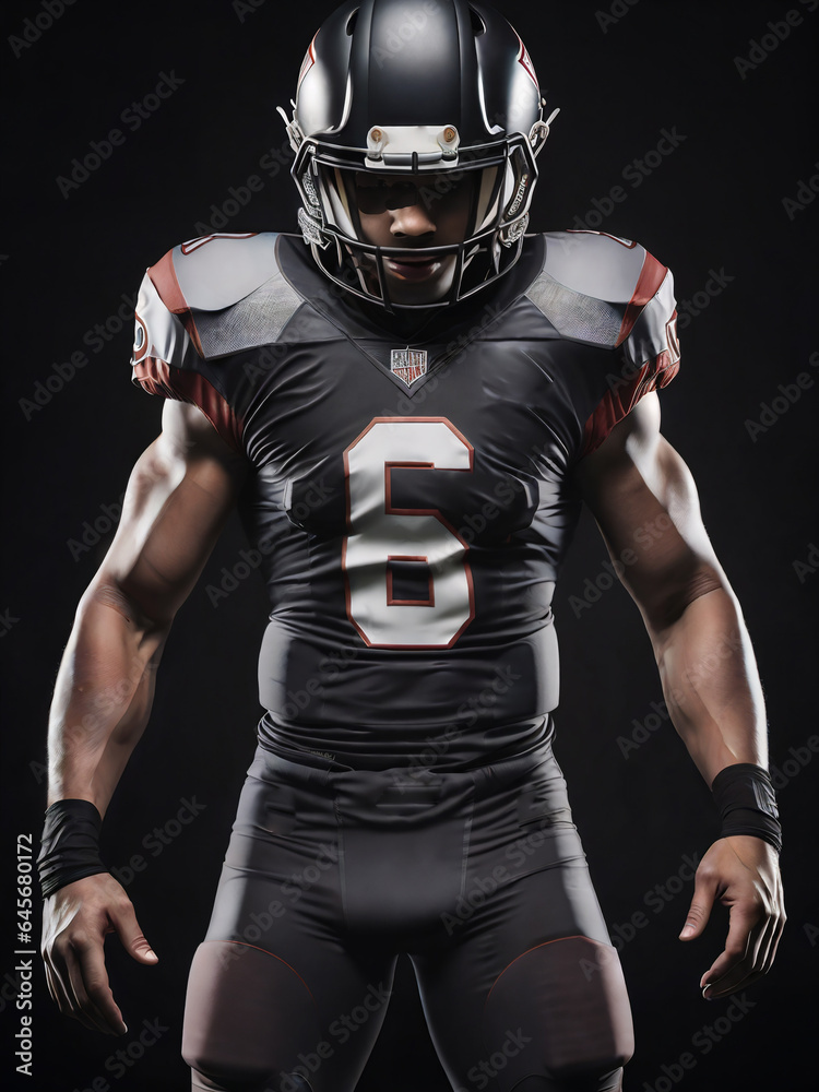 American Football Player black gray and orang uniform on dark background