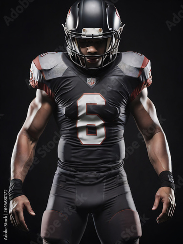 American Football Player black gray and orang uniform on dark background
