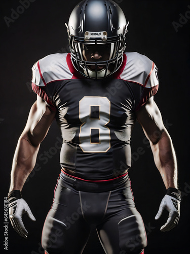 American Football Player black white and red uniform on dark background