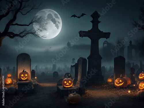 Pumpkins in cemetery at spooky night - Halloween backdrop