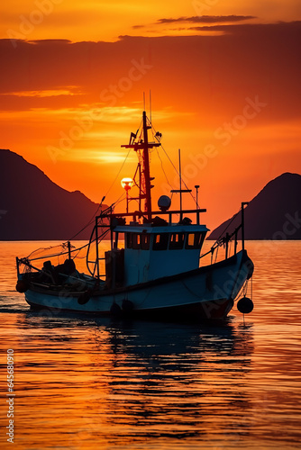 Silhouette of fishing boat at sunset