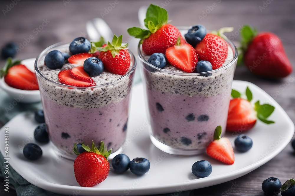 chia seeds pudding with blueberries and strawberries chia seeds pudding with blueberries and strawberries