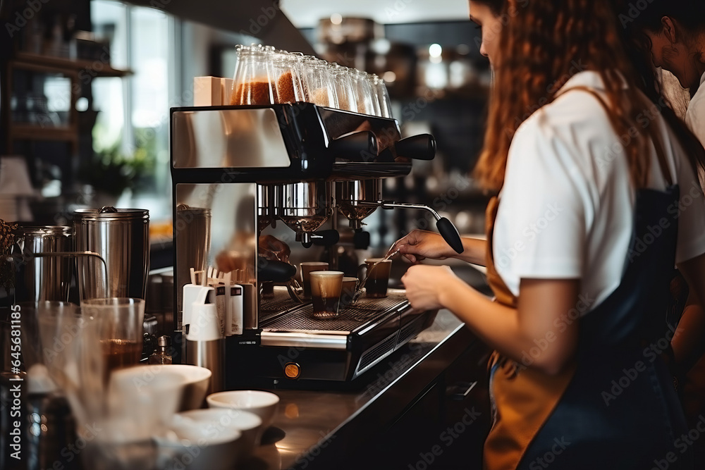 Staff at cafe making coffee espresso machine women working bar