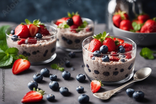 chia seeds pudding with blueberries and strawberries photo