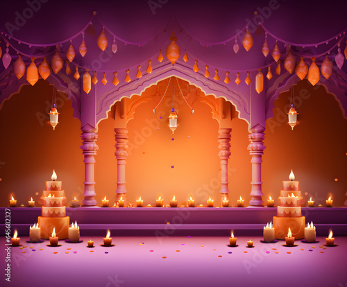 In the style of light purple and white, pastel color schemes, bold color palette, dark purple and light emerald, and elaborate ceiling decorations, a stage is set for a joyous Diwali celebration