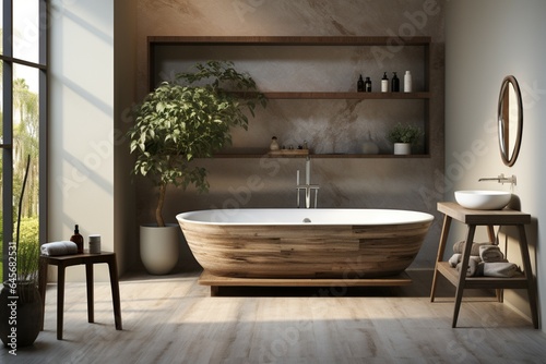 Elegant bathroom design with a 3D rendered wooden side table and bathtub