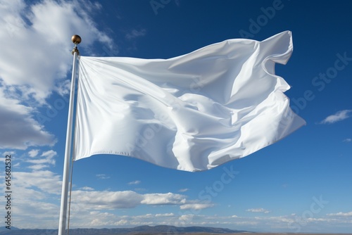 Detailed closeup of a white flag waving proudly on a flagpole