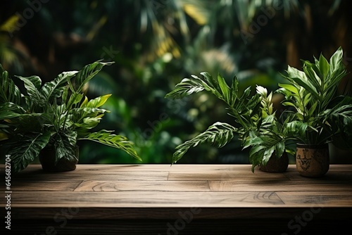 Realistic 3D oak wood table with tropical leaves for product overlay