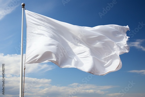 Wind blown white flag on flagpole, closeup view, isolated on white background