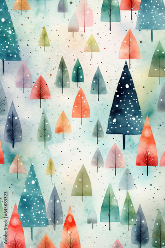 watercolour illustration of a colorful snowy christmas forest snow December cottage core in a painted textured style with pine trees for cards/journal/stationary design hand drawn look