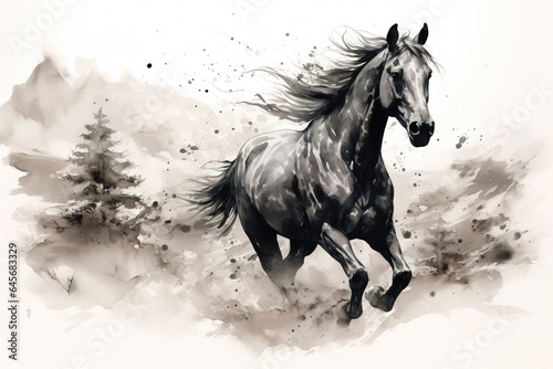Beautiful painting of a running horse. Wildlife Animals. Illustration, Generative AI.