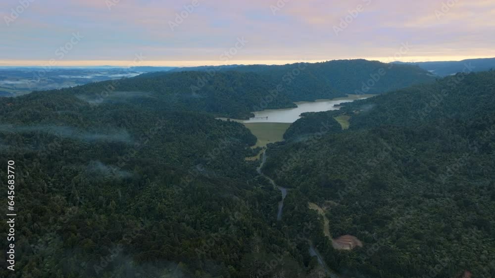 Aerial: Water reservoir in Hunua ranges, auckland, new zealand Aerial: Water reservoir in Hunua ranges, auckland, new zealand