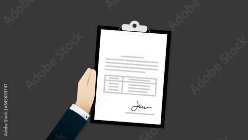 Animation of Businessman signing in a Document form, transparent background, alpha channel included.