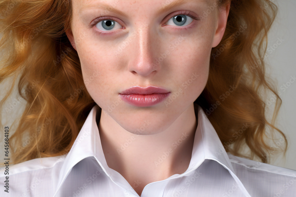 Portrait of a red-haired girl in a white shirt