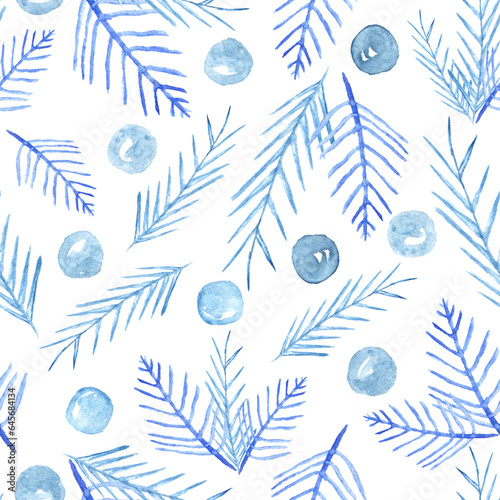 Watercolor seamless pattern with lots of blue snowflakes ans hoarfrost fir tree branches as winter christmas x-mas new year party background wrapping paper.