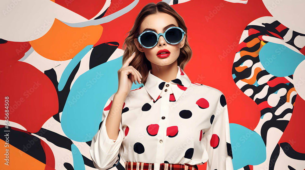 Fashionable young woman in polka dot blouse and sunglasses posing on colorful background. Fashion woman cloth flyer design. Beauty, fashion. Advertisement concept. Fashionable young woman in polka dot blouse and sunglasses posing on colorful background. Fashion woman cloth flyer design. Beauty, fashion. Advertisement concept.