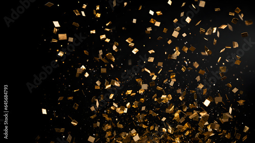 Golden Confetti Shower Frozen in Motion Against Stark Black Background.