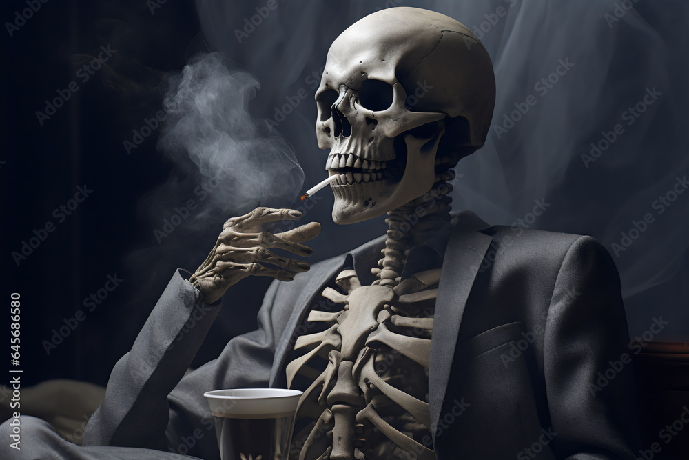 skeleton wearing suit jacket smoking cigarette in dark bar - obrazy, fototapety, plakaty 