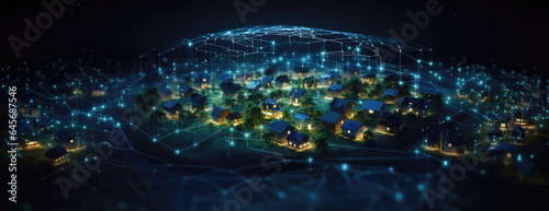 Sprawling green community with Digital smart city infrastructure and rapid data network. Digital city, smart society, smart homes, digital community. DX, IOT, digital network concept. photo