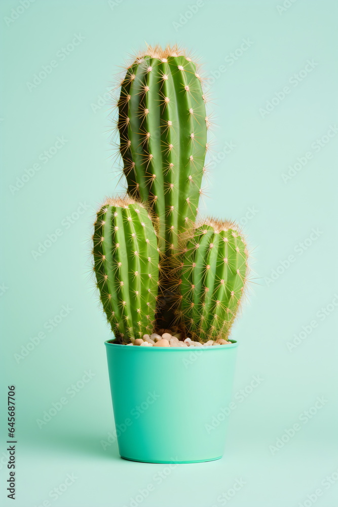 3 cacti in a pot isolated on plain green studio background