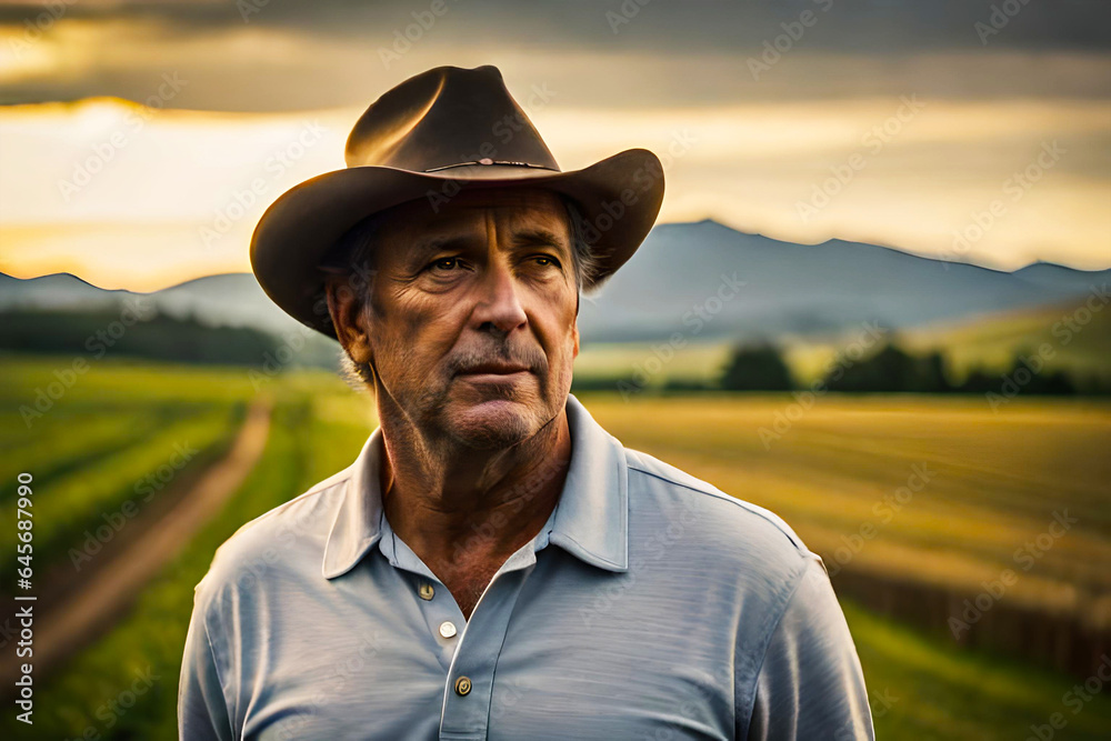 farmer against the backdrop of his fields.