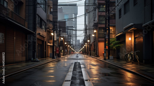 The Early Morning Casts a Black Matte Moody Atmosphere Over The Urban Living Street of Tokyo