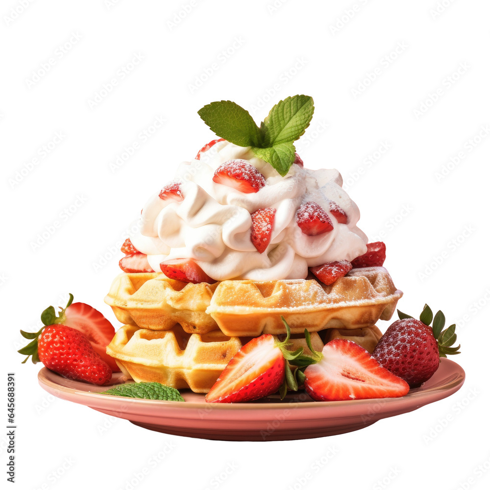 Fresh waffles topped with strawberries and whipped cream transparent background Fresh waffles topped with strawberries and whipped cream transparent background