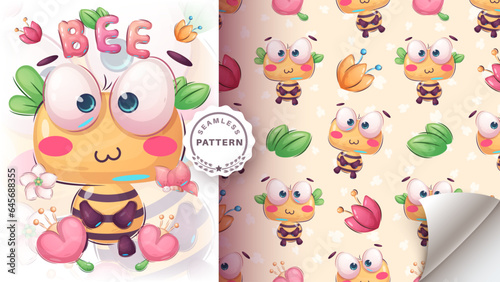 Cartoon character adorable bee, pretty animal idea for print t-shirt, poster and kids envelope, postcard. Cute hand drawn style wasp