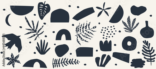 Monochromatic vector background with scattered abstract black leaves, flowers and other botanical elements. Random cutout dark tropical foliage collage, ornamental texture, cute decorative pattern