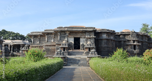 A Close up view of the 'Hoysaleshwara' stone temple built in 12th century and dedicated to Lord Shiva at Halebeedu in Karnataka, India.