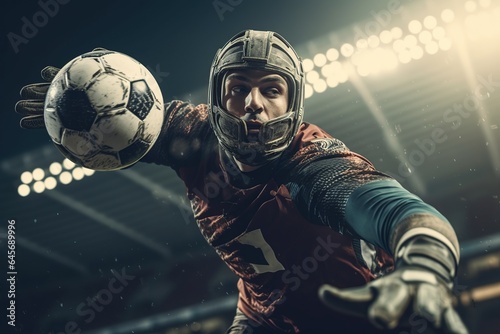 Goalkeeper catches the ball in the stadium, The football player in the stadium. ai generative © Vilaysack