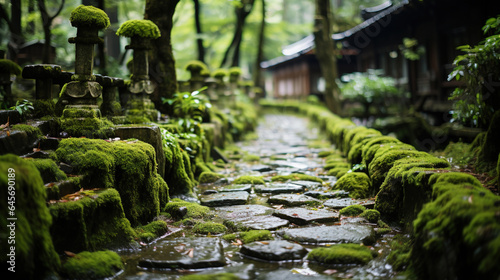 Old Japanese Style House Beside The Wet Stone Path and Green Trees