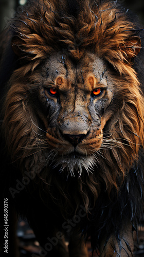 A Big Fierce Male Lion Face Walking in Forest and Looking At Camera Selective Focus