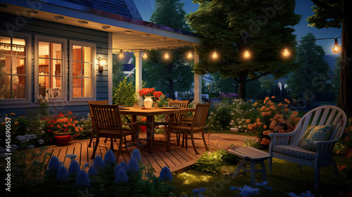 Summer evening on the patio of beautiful suburban house with lights in the garden garden. © Ziyan Yang