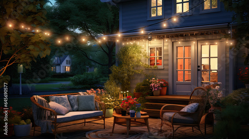 Summer evening on the patio of beautiful suburban house with lights in the garden garden.