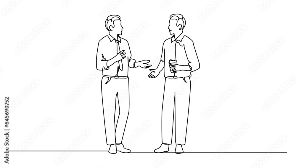 continuous line drawing of two young male workers talking together while office break time. Drinking coffee or tea at workplace concept, vector illustration
