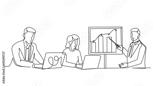 continuous line businessman and businesswoman discussing in the office meeting room. Business meeting and presentation concept one line draw design vector illustration