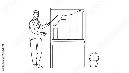 continuous line businessman and businesswoman discussing in the office meeting room. Business meeting and presentation concept one line draw design vector illustration