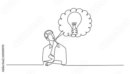 continuous lineart man thinking about a something light blub to find idea creativity for bussiness, vector illustration concept