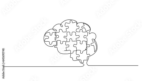 continuous lineart drawing of human brain forming from pieces of puzzles logo identity. Psychological office to find personality icon logotype concept. Continuous line draw design vector