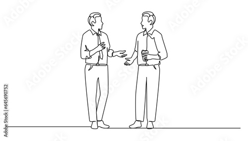 continuous line drawing of two young male workers talking together while office break time. Drinking coffee or tea at workplace concept, vector illustration