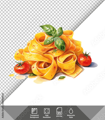 Italian pasta with tomato and basil. Realistic vector illustration on transparent background.